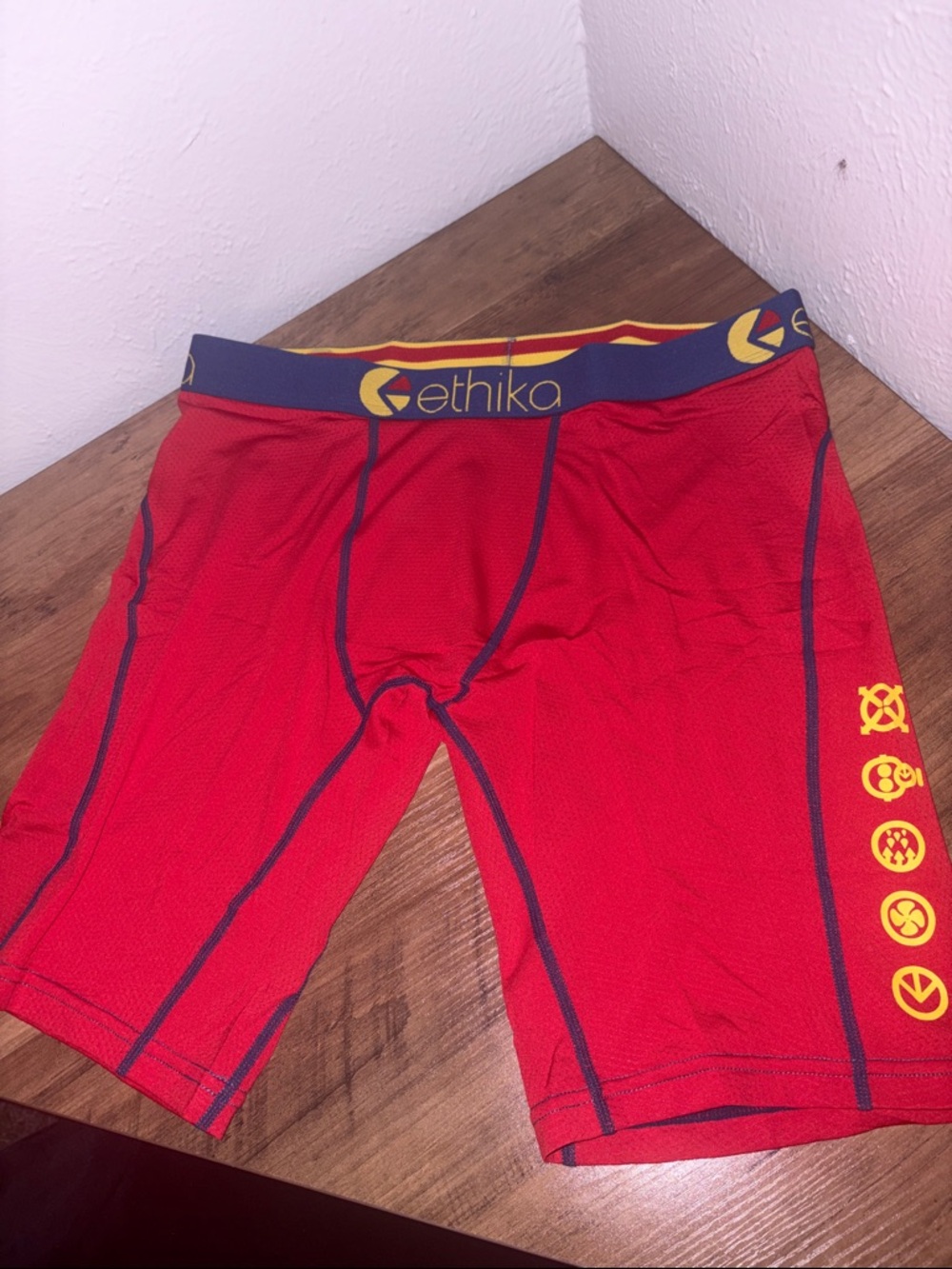 ethika Red Performance Boxer Briefs with Navy Waistband and Yellow Accents